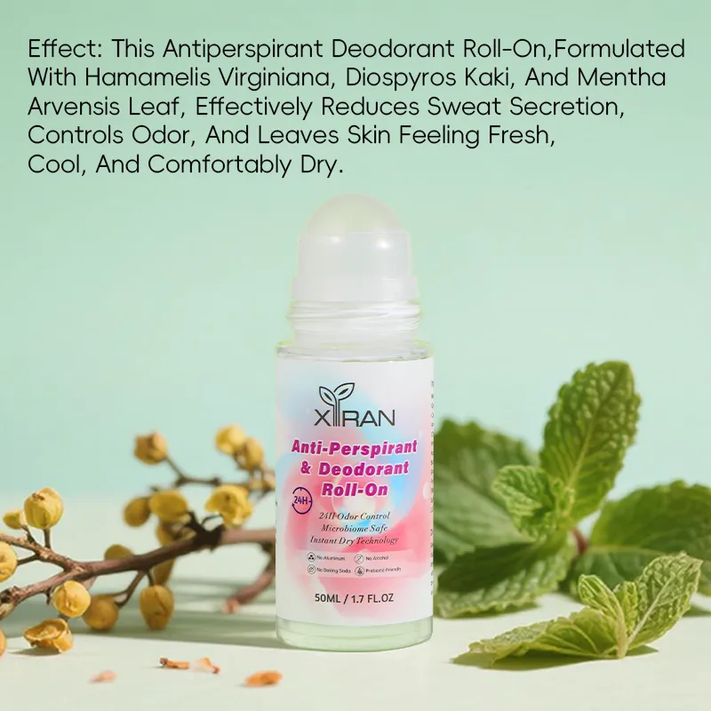 Xiran Anti-Perspirant & Deodorant Roll-On bottle with botanical ingredients displayed around it.